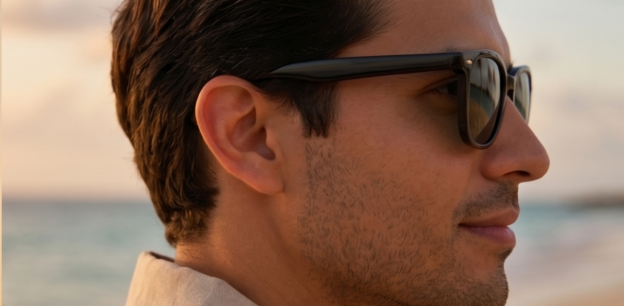 Perfil de hombre con lentes de sol en la playa