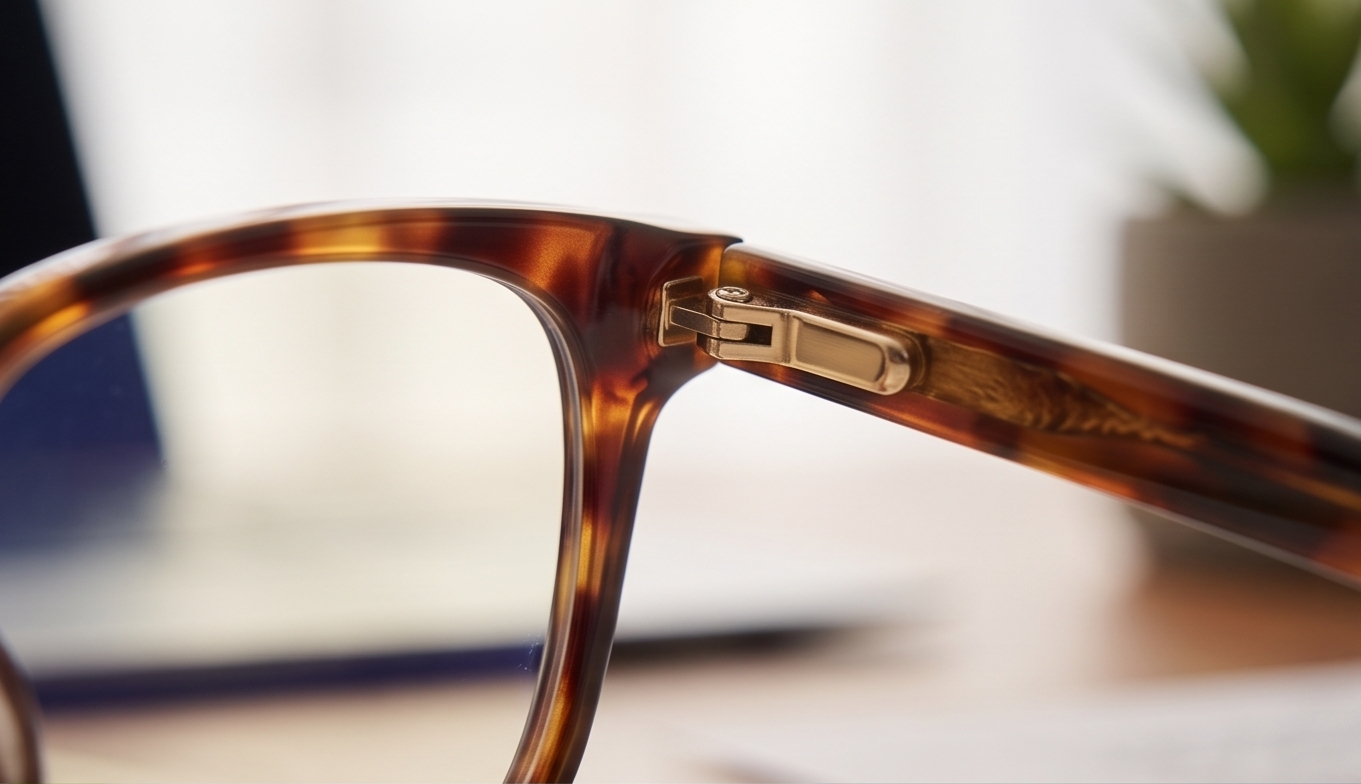 Detalle bisagra dorada de lentes ópticos