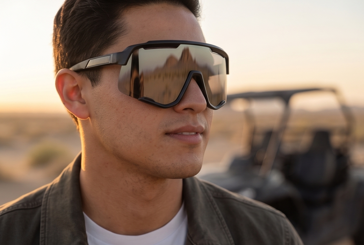 Hombre con lentes deportivos shield al atardecer