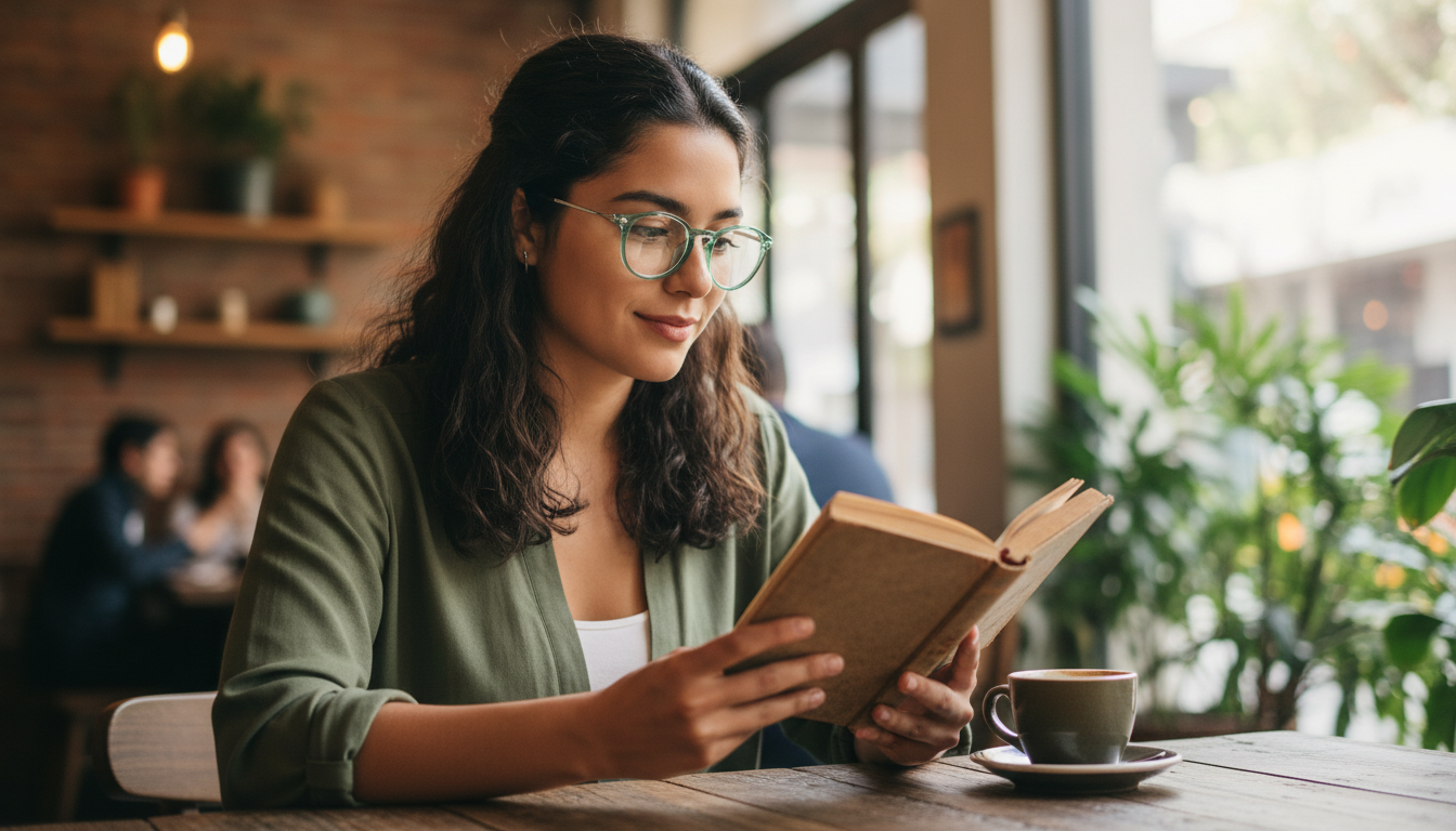 Mujer leyendo con lentes ópticos C TRENDY en cafetería