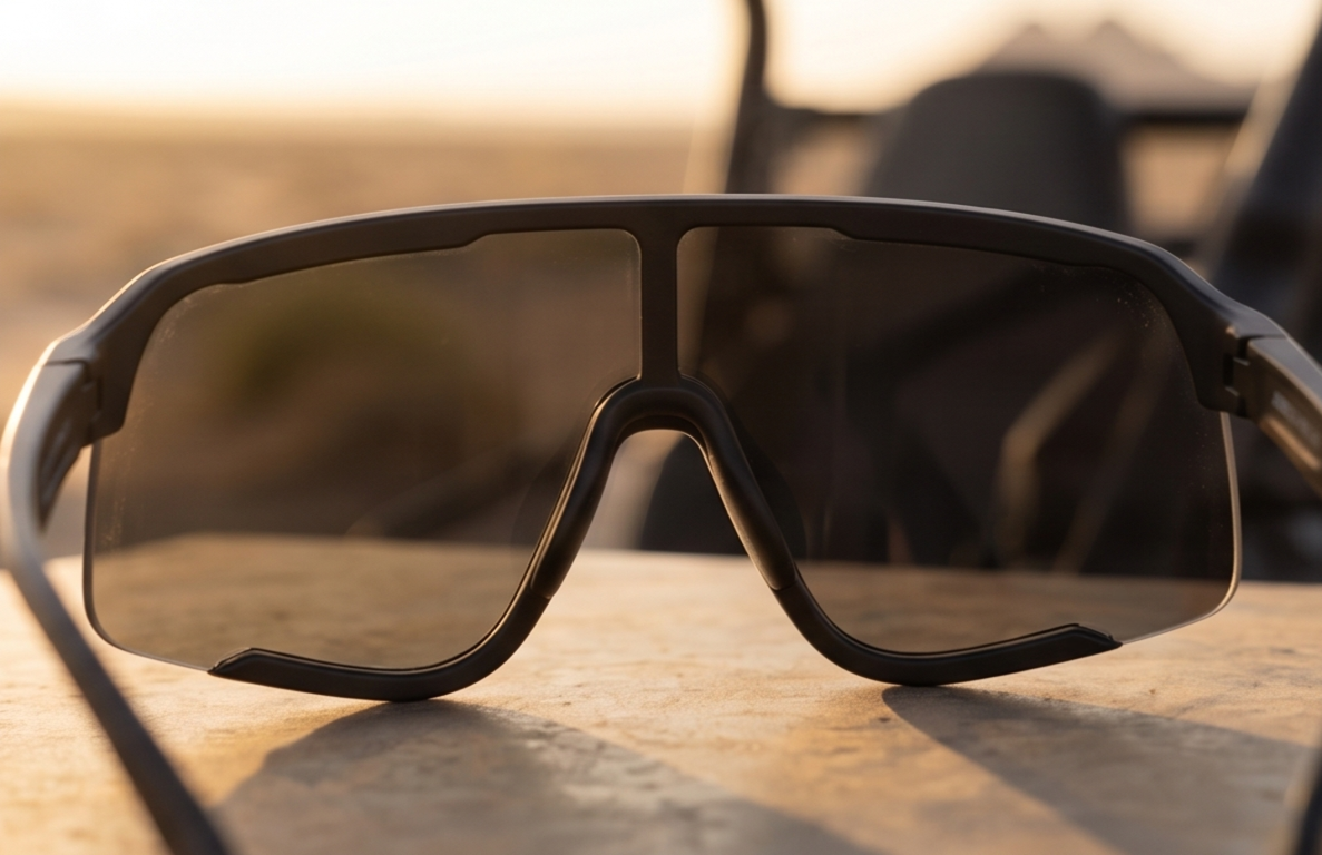 Vista frontal de lentes shield deportivos