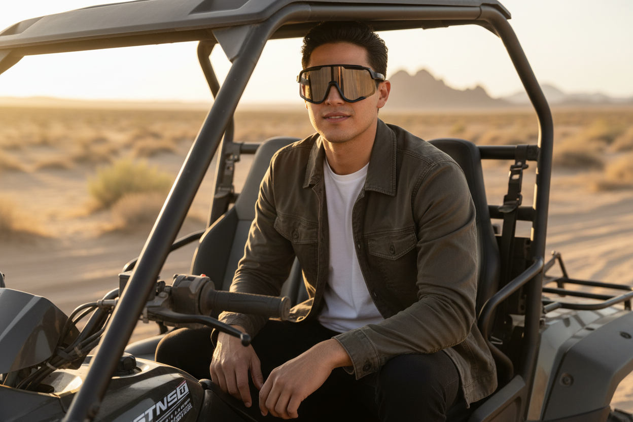 Aventurero con lentes deportivos C TRENDY en vehículo off-road