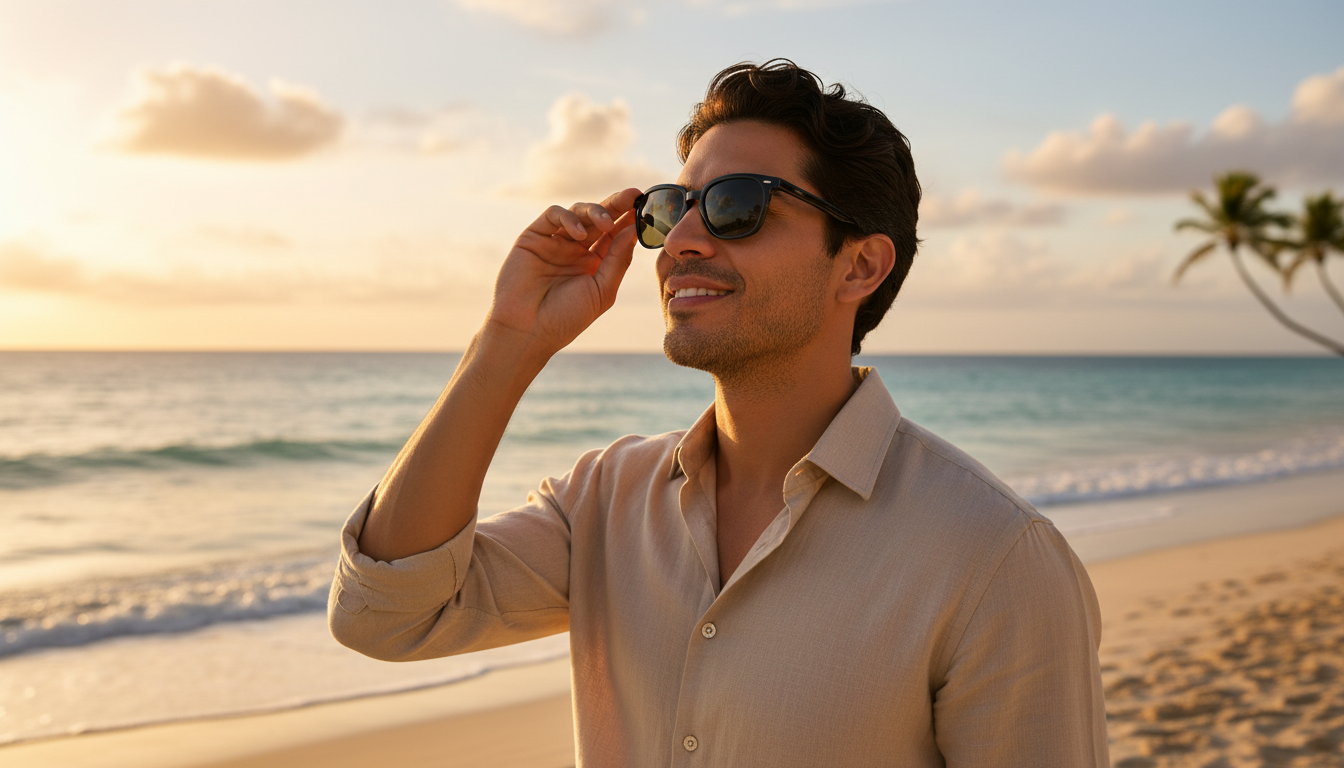 Hombre con lentes C TRENDY en playa al atardecer
